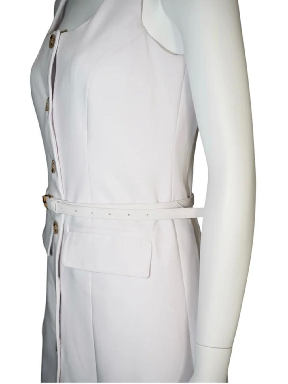 Saks Fifth Avenue Sleeveless Button-Front Off White Dress with Belt Size X-Small - Picture 6 of 14